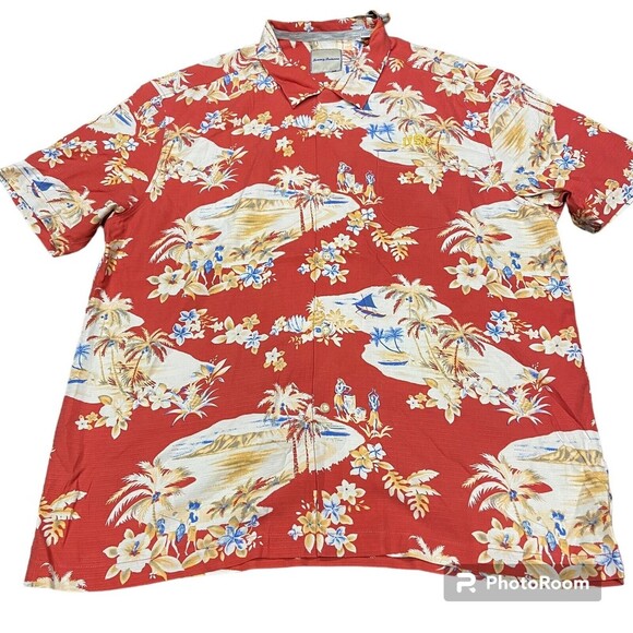Mens Tommy Bahama 100% Silk Hawaiian Shirt Lazy Luau Size XXL Red USC - Picture 1 of 5